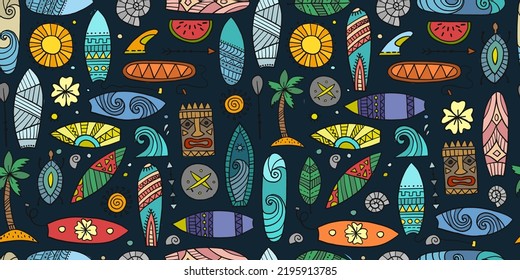 Surf boards collection, surfing time. Hawaii seamless pattern design for fabric, wallpapers etc. Vector illustration