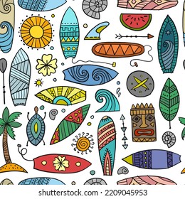 Surf boards collection, surfing time. Hawaii seamless pattern design for fabric, wallpapers etc. Vector illustration