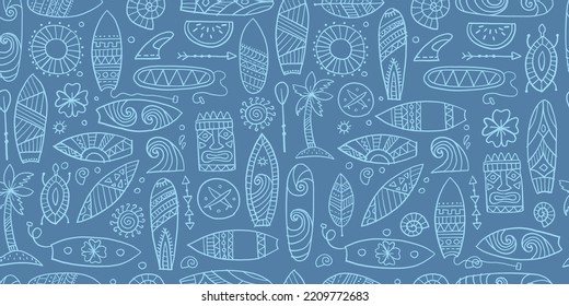 Surf boards collection, surfing time. Hawaii seamless pattern design for fabric, wallpapers etc. Vector illustration