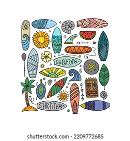 Surf boards collection, surfing time. Hawaii Concept Art background. Product design template - t-shirts, banners, cards etc. Vector illustration