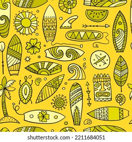 Surf boards collection, surfing time. Hawaii seamless pattern design for fabric, wallpapers etc. Vector illustration