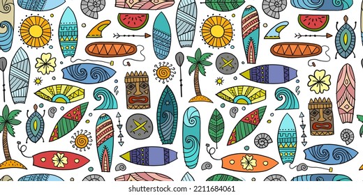 Surf boards collection, surfing time. Hawaii seamless pattern design for fabric, wallpapers etc. Vector illustration