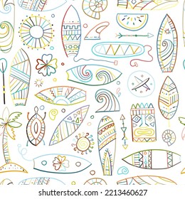 Surf boards collection, surfing time. Hawaii seamless pattern design for fabric, wallpapers etc. Vector illustration