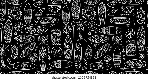 Surf boards collection, surfing time. Hawaii seamless pattern design for fabric, wallpapers etc. Vector illustration