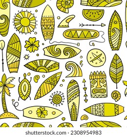 Surf boards collection, surfing time. Hawaii seamless pattern design for fabric, wallpapers etc. Vector illustration