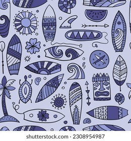 Colección de tablas de surf, tiempo de surf. Diseño de patrones sin fisuras de Hawaii para tela, papel pintado, etc. Ilustración vectorial