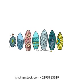 Surf boards collection, tribal ornaments for your design. Vector illustration