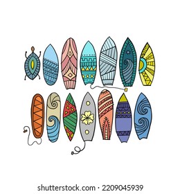 Surf boards collection, tribal ornaments for your design. Vector illustration