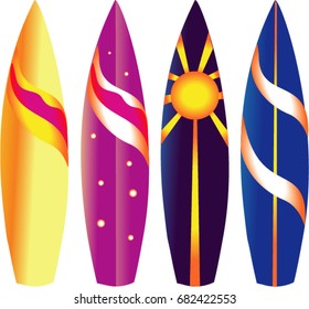 Surf boards designs. Four boards. Vector surfboard coloring set.