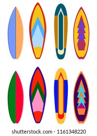 Surf boards designs. Vector surfboard coloring set. Realistic surfboard for extreme swimming, illustration set of surf board with color pattern