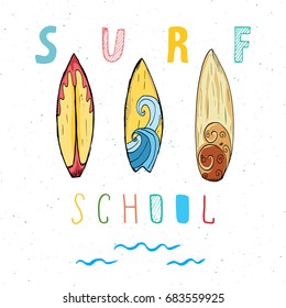 Surf boards hand drawn sketch t-shirt print design, surfing school typography, Summer vintage retro badge template, vector illustration.