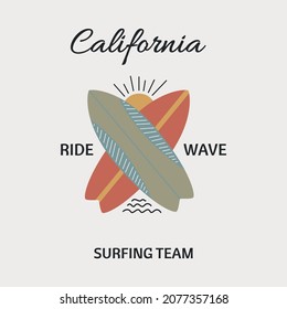 Surf boards and the inscription California. Retro hand-drawn vector. For prints on T-shirts, posters and other purposes.
