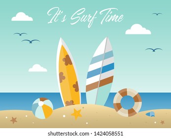 Surf boards on the beach, Summer beach vacation poster