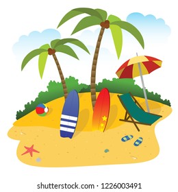 Surf boards on paradise island with palms tree and deck chairs under the beach umbrella on a sand beach Summer Vector illustration