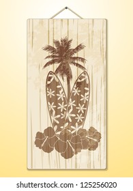 Surf Boards and Palm Trees on a Wooden Sign