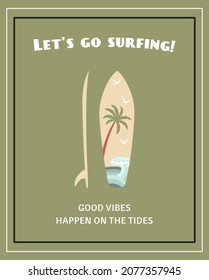 Surf boards with palm trees and waves pattern. Inscription. Retro hand-drawn vector. For prints on T-shirts, posters and other purposes.