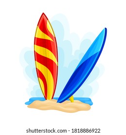Surf Boards in Sand on Seashore as Ecuador Attribute Vector Illustration
