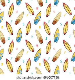 Surf boards seamless pattern hand drawn sketch background, typography design vector illustration.