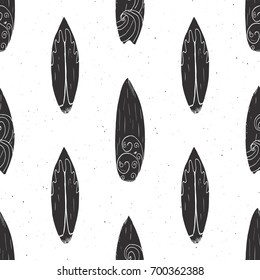 Surf boards seamless pattern hand drawn sketch background, typography design, monochrome vector illustration.