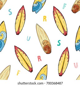 Surf boards seamless pattern hand drawn sketch background, typography design vector illustration.