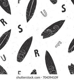 Surf boards seamless pattern hand drawn sketch background, typography design, monochrome vector illustration.