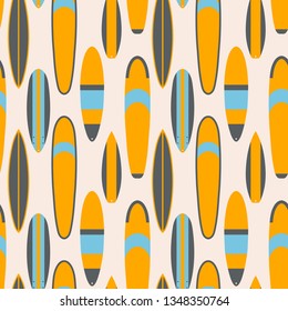 Surf boards seamless pattern. Softboard, longboard, high performance, nose ride, Malibu, mini malibu, funboard, shortboard, big wave gun shapes colorful vector  illustration