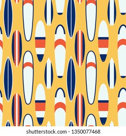 Surf boards seamless pattern. Softboard, longboard, mini malibu, funboard, shortboard, big wave gun board shapes colorful flat vector illustration