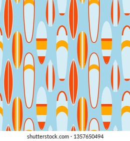 Surf boards seamless pattern. Softboard, longboard, mini malibu, funboard, shortboard, big wave gun board shapes colorful flat vector illustration