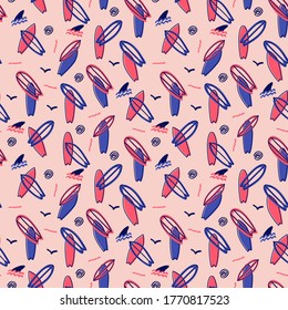 Surf boards and shark fins doodle pink retro shades pattern. Vector seamless pattern design for textile, fashion, paper and wrapping.