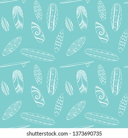 Surf boards sketches vector pattern. Surfing abstract doodle hand drawn background.