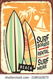 Surf boards and surfing equipment rentals retro beach advertisement. Vintage vector sign. Sports, recreation and summer activities.