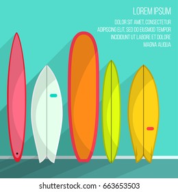 Surf boards Vector illustration Five surf boards on light blue wall Poster template Set of different surfboards in cartoon style