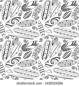 Surf boards vector seamless pattern. Surfing doodle hand drawn background. Adult coloring book page. Zentangle art print.