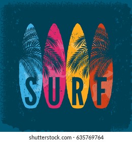 Surf boards,palm leaves on grunge background. Typography, t-shirt print, poster, banner, flyer, postcard