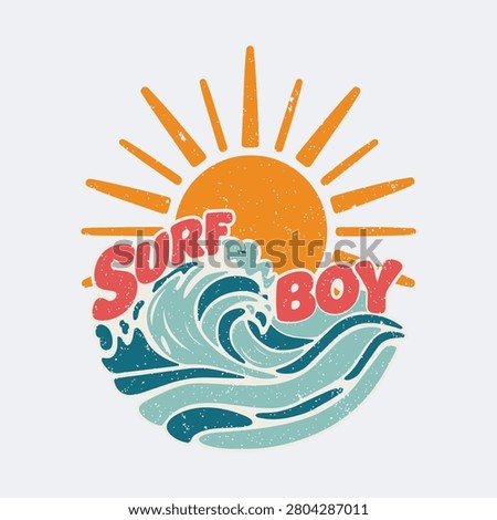 Surf Boy Retro Beach T-Shirt Design With Big Ocean Wave And Sunburst Graphic Illustration