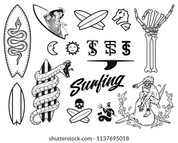 Surf bundle black on white is a vector illustration set containing different designs