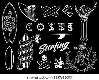 Surf bundle white on black is a vector illustration set containing different designs