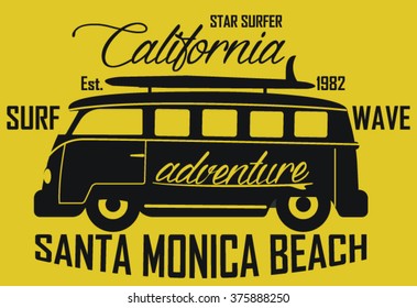 Surf Bus California Santa Monica  vector print and varsity. For t-shirt or other uses in vector.T shirt graphic