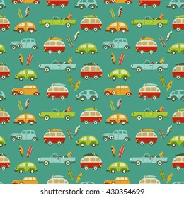 Surf bus, surfboards and retro cars seamless pattern. Vector