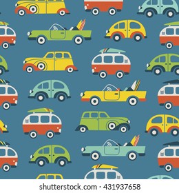 Surf bus, surfboards and retro cars seamless pattern in vintage colors. Vector