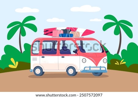 Surf bus. Van bus with surfing board and tourists luggage, retro vintage vehicle hippie road trip california journey tropical beach palm tree background vector illustration original artwork