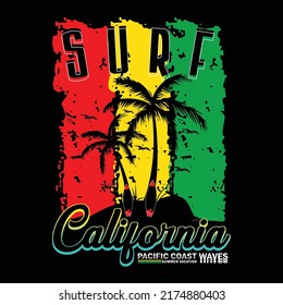 surf California grunge for print t shirt with palm trees. Summer typography for apparel,Vector illustration art