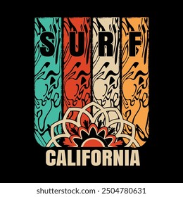 Surf California Surfing design vector ready for print on t-shirt.  Summer Vacation Retro Vintage Surf Lover Summer T-shirt Design.