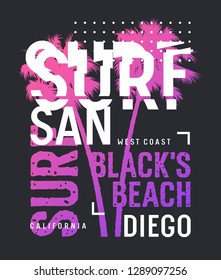 Surf California t-shirt and apparel design. Surfing artwork. Trendy Graphic Tee. Vectors