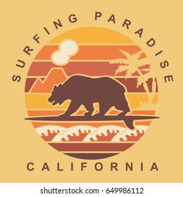 Surf California typography, tee shirt graphics, vectors, bear illustration

