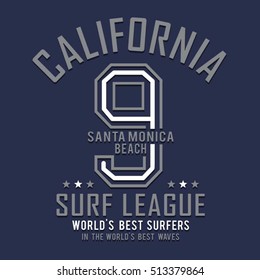 Surf California typography, t-shirt graphics, vectors