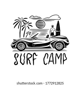 Surf camp badge, Vintage Surfer logo. Retro car. Summer California. Man on the surfboard. Engraved emblem hand drawn. Banner or poster.