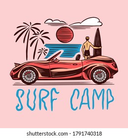 Surf camp badge, Vintage Surfer logo. Retro car. Summer California. Man on the surfboard. Engraved emblem hand drawn. Banner or poster.