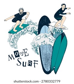 Surf camp hand drawn vector poster. Happy active people sport. Summer beach surfers