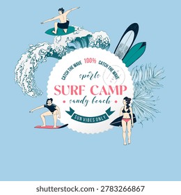 Surf camp hand drawn vector poster. Happy active people sport. Summer beach surfers